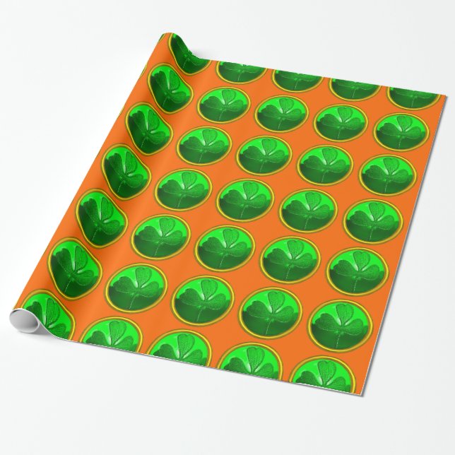 GREEN KLEEBLATT JEWEL Saint Patrick's Day Orange Geschenkpapier (Ungerollt)