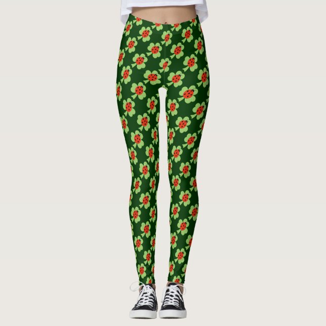 Green Kleeblatt Polka dots Ladybug Ladybird Muster Leggings (Vorderseite)
