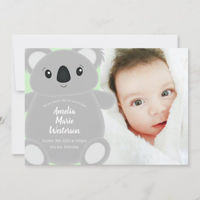 Green Koala Bear Baby Dusche Einladung (Vorderseite)