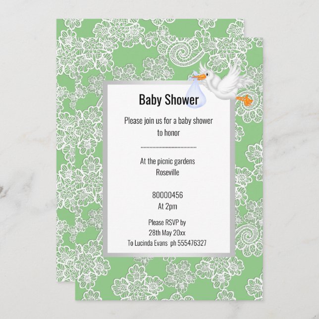 GREEN LACE DETAIL WHITE STORK BABY SHOWER EINLADUNG (Vorne/Hinten)
