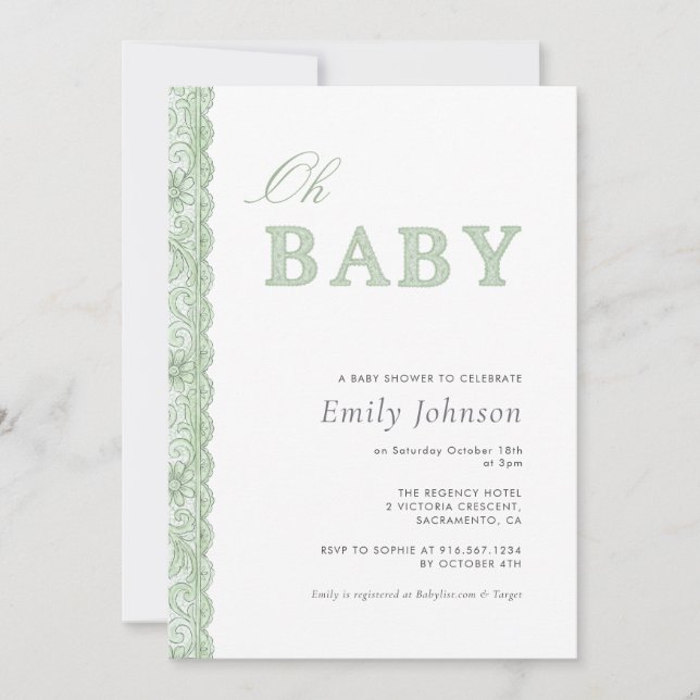 Green Lace Gender Neutral Baby Shower Invitation Einladung (Vorderseite)