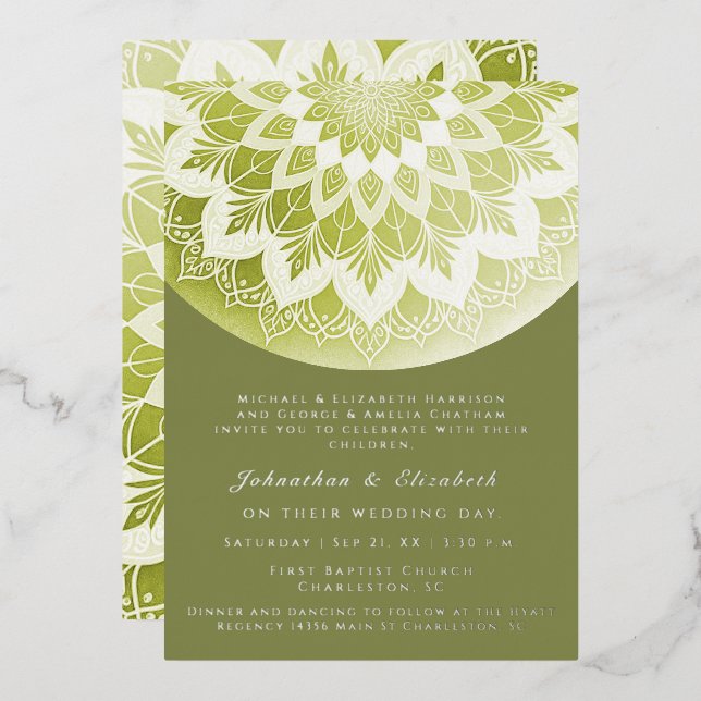 Green Lace Mandala Wedding Folieneinladung (Vorderseite/Rückseite)