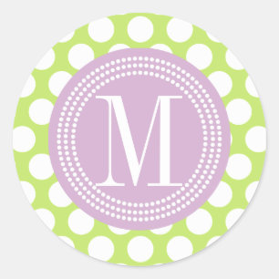 Green & Lavender Big Polka Dots Mit Monogramm Runder Aufkleber
