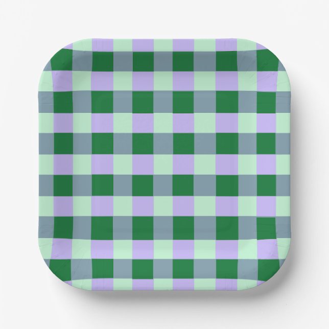 Green & Lavender Gingham Stripes Karo Muster Pappteller (Vorderseite)