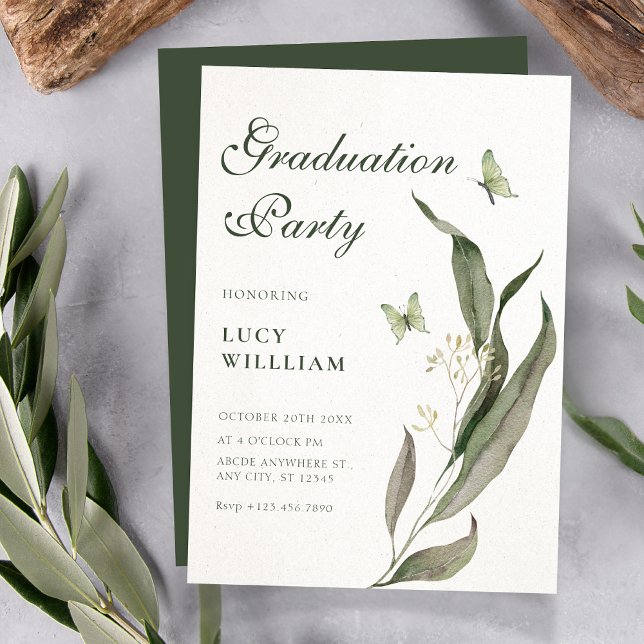 Green leaf Aesthetic elegant graduation  Einladung (Von Creator hochgeladen)
