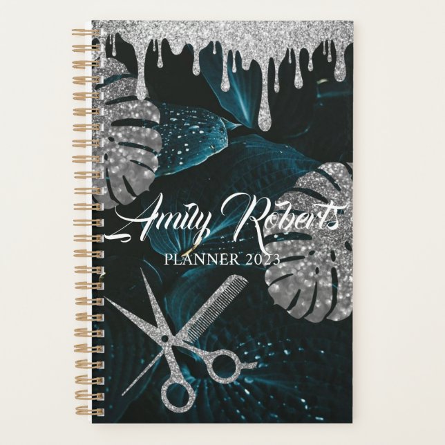 Green Leaf Black Silver Sparkling Salon Planner Planer (Vorderseite)