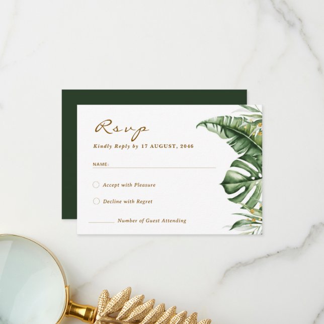 Green Leaf Boho Greenerity Wedding RSVP Cards Dankeskarte (Vorderseite/Rückseite Beispiel)