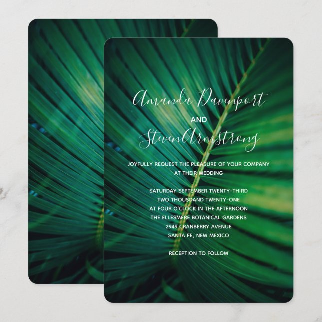 Green Leaf Palm Frond CLoesup Foto Hochzeit Einladung (Vorne/Hinten)