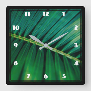 Green Leaf Palm Frontend Closeup Foto Quadratische Wanduhr