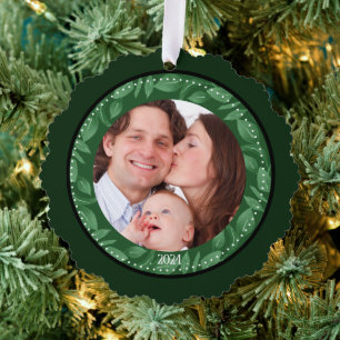 GREEN Leaf-Wreath-Family-Foto Ornament Karte