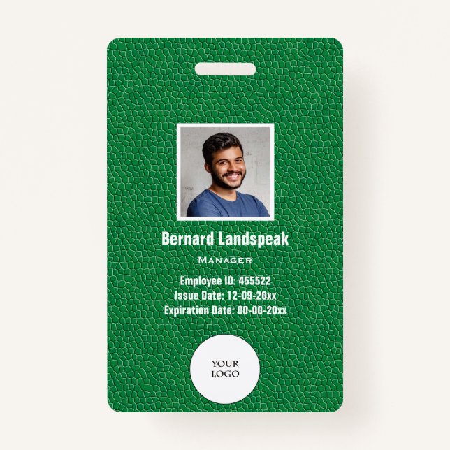Green Leather & Employee Photo & Logo, Bar code Ausweis (Vorderseite)