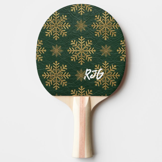 Green Leather Tooled with Gold Snowflakes Initials Tischtennis Schläger (Vorderseite)