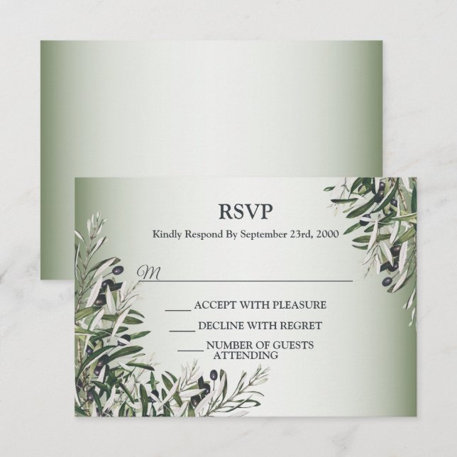 Green Leaves Black Olive Elegant Wedding Party RSVP Karte (Vorne/Hinten)