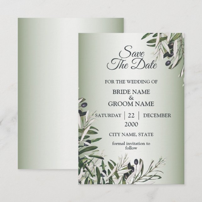 Green Leaves Black Olive Elegant Wedding Save The Date (Vorne/Hinten)