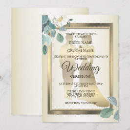 Green Leaves Flower Golden Frame Elegant Wedding Einladung