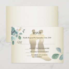 Green Leaves Flower Golden Frame Modern Wedding RSVP Karte