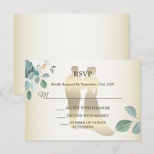Green Leaves Flower Golden Frame Modern Wedding RSVP Karte (Vorne/Hinten)