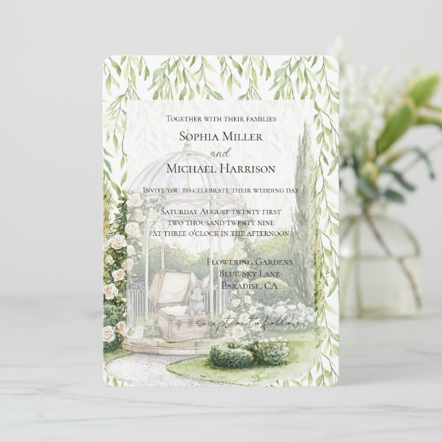 Green Leaves White Floral Love Bunny Wedding Einladung (Stehend Vorderseite)