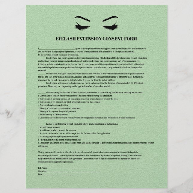 GREEN Leder EYELASH EXTENSION CONSENT FORMULAR Flyer (Vorne)