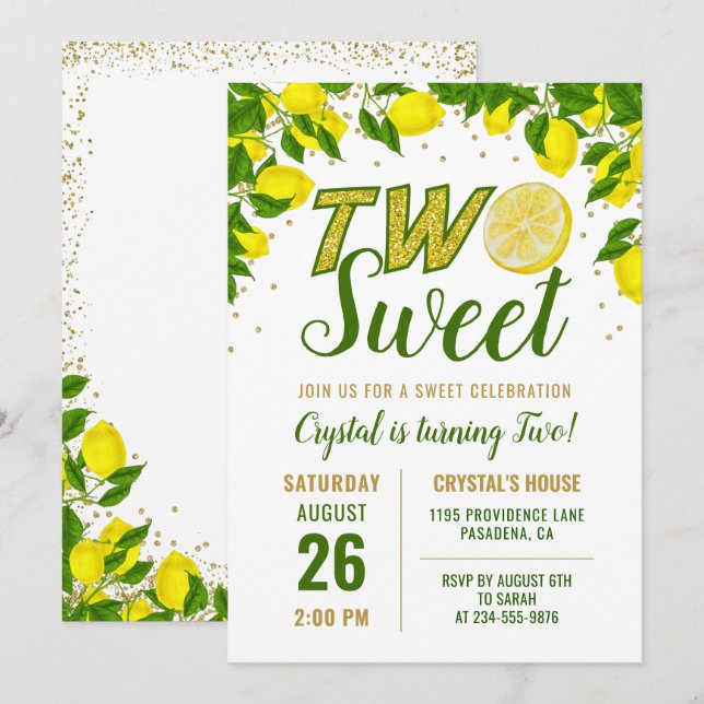 Green Lemon Two Sweet First Birthday Einladung (Vorne/Hinten)