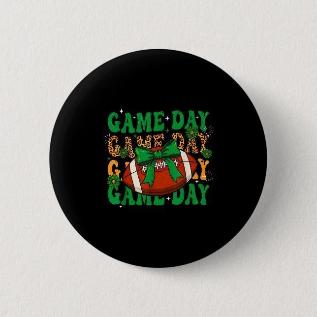 Green Leopard Game Day Football Bow Touchdown Seas Button (Vorderseite)