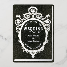 Green Library Book Wedding Ornate Frame Silver Folieneinladung