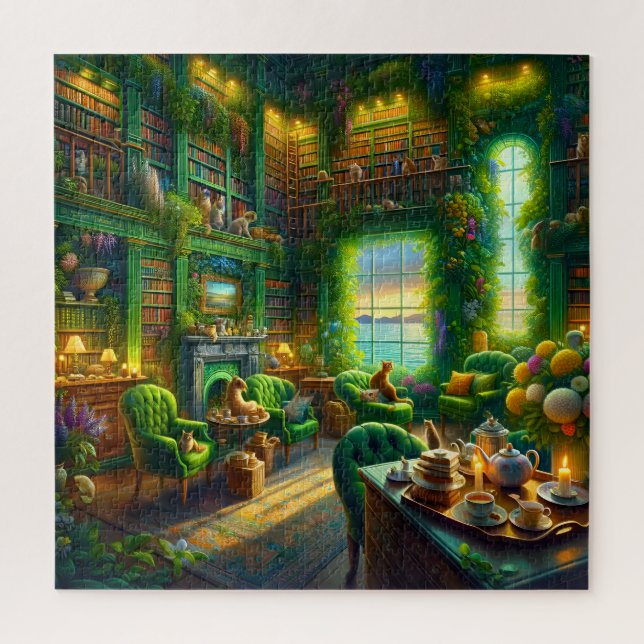 Green Library Cat Tea Time Coastal View Puzzle (Vertikal)