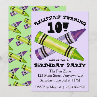 Green Lila Artist Crayons Child Birthday Party Einladung
