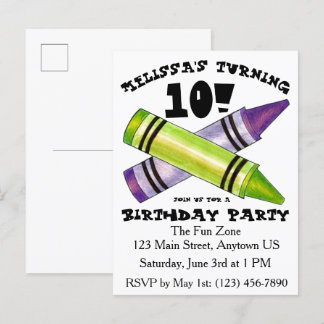 Green Lila Artist Crayons Child Birthday Party Einladungspostkarte