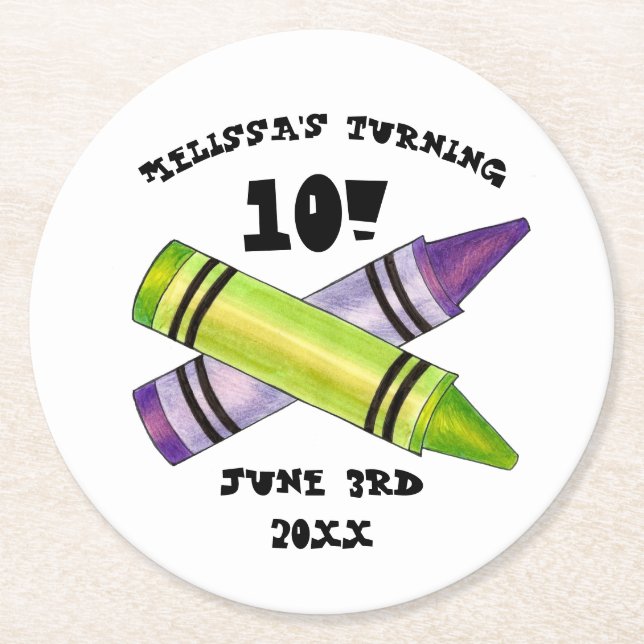 Green Lila Artist Crayons Child Birthday Party Runder Pappuntersetzer (Vorderseite)