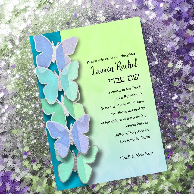 Green Lila Blue Butterfly Border Bat Mitzvah Einladung (Von Creator hochgeladen)