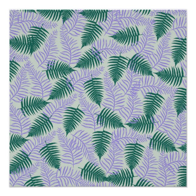 Green Lila Fern Blätter Retro 70er Blume Muster Poster (Vorderseite)