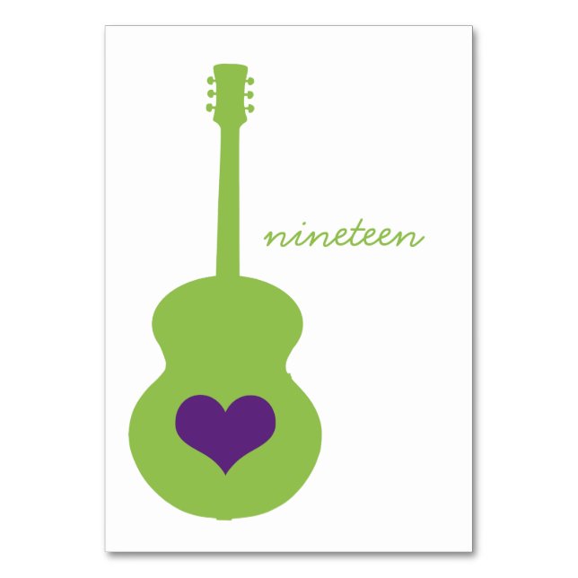 Green/Lila Guitar Heart Table Card Tischnummer (Vorderseite)