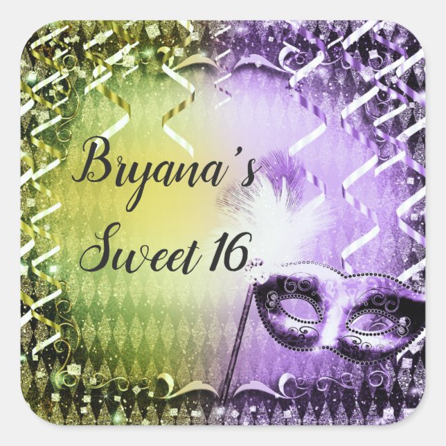 Green & Lila Masquerade Mask Mardi Gras Party Quadratischer Aufkleber (Vorderseite)