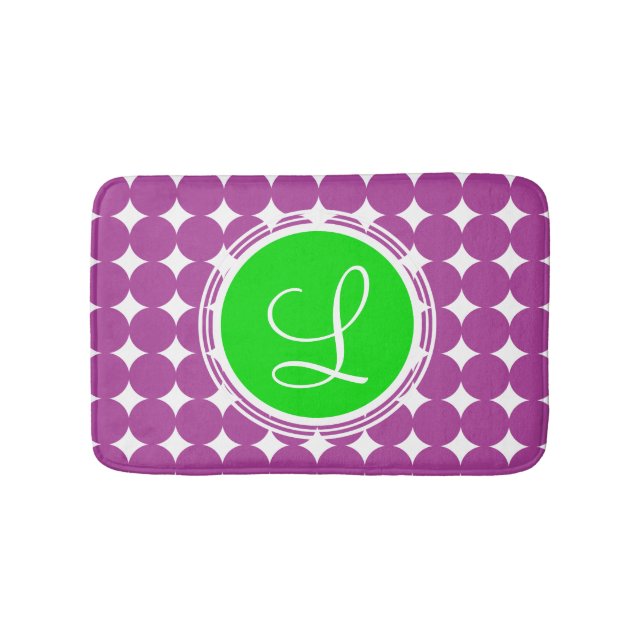 Green & Lila Polka Dot Monogramm Badematte (Vorderseite)