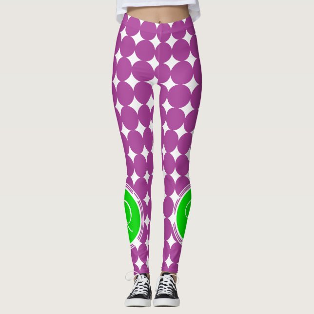 Green & Lila Polka Dot Monogramm Leggings (Vorderseite)