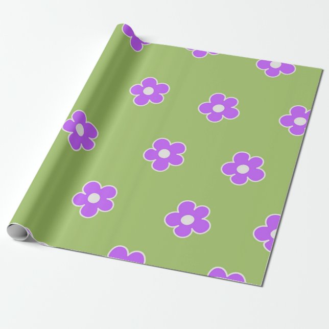 Green Lila Retro Y2K Blume Muster Geschenkpapier (Ungerollt)