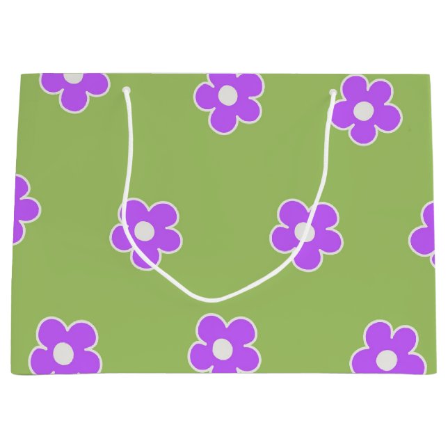 Green Lila Retro Y2K Blume Muster Große Geschenktüte (Vorderseite)
