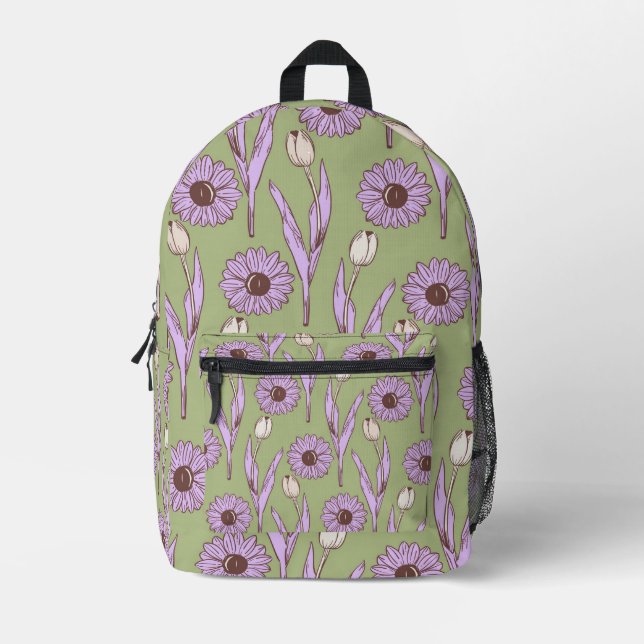 Green Lila Retro Y2K Funky Hippie Blume Muster Bedruckter Rucksack (Vorderseite)