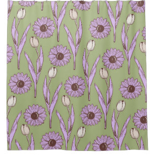 Green Lila Retro Y2K Funky Hippie Blume Muster Duschvorhang