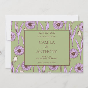 Green Lila Retro Y2K Funky Hippie Blume Muster Save The Date