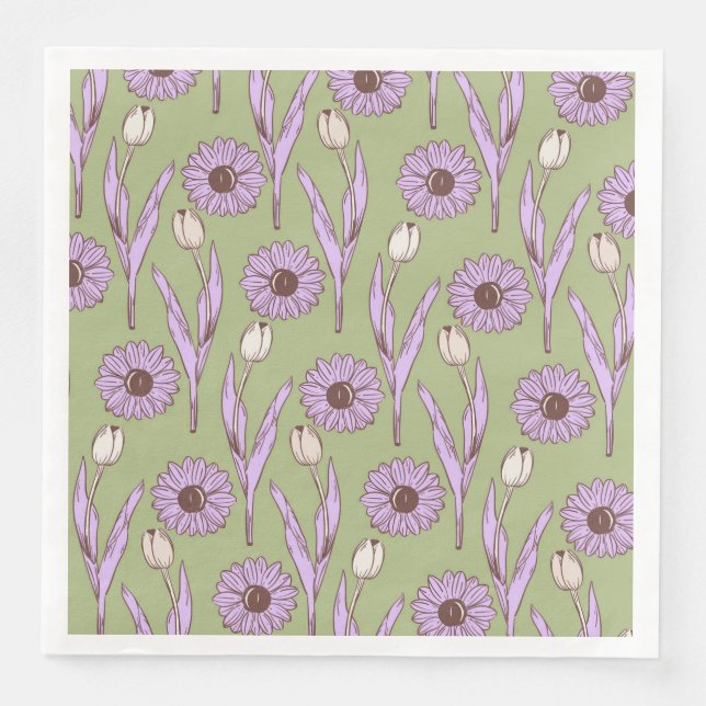 Green Lila Retro Y2K Funky Hippie Blume Muster Serviette (Vorderseite)