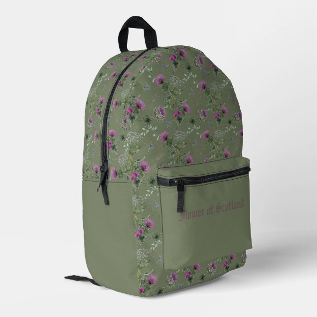 Green Lila Scottish Thistle Blume of Scotland Bedruckter Rucksack (Rückseitige Ecke links)
