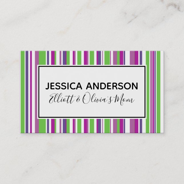 Green & Lila Stripes Mommy Playdate Calling Card Telefonnummerkarte (Vorderseite)