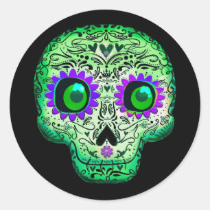 Green & Lila Sugar Skull Black Halloween-Party Runder Aufkleber