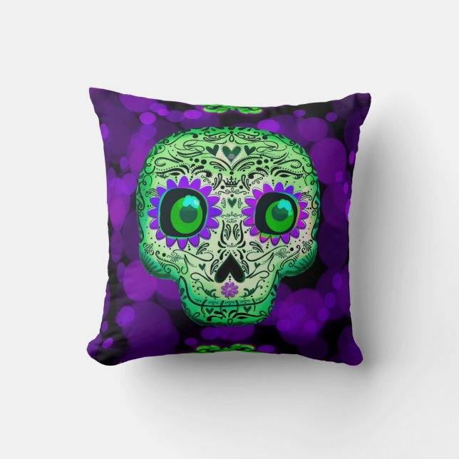 Green & Lila Sugar Skull GlasshHalloween Kissen (Vorderseite)
