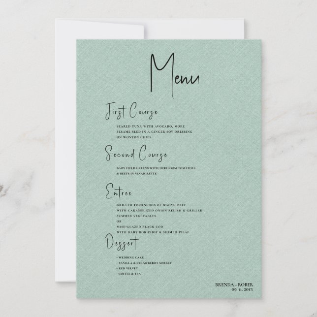 Green linen Simple Black Script Welcome Menu Einladung (Vorderseite)