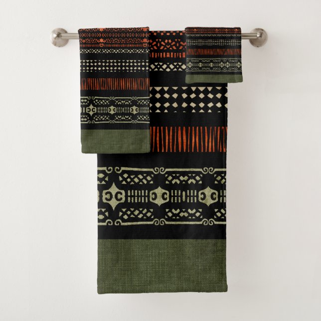 Green Linen Tribal Muster  Badhandtuch Set (Insitu)
