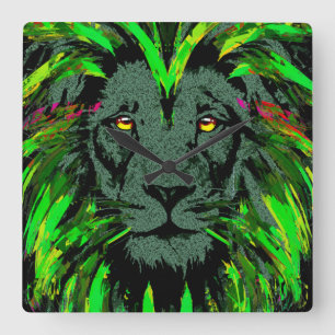 Green Lion Head - Lion Clock - Löwengesichtsportra Quadratische Wanduhr