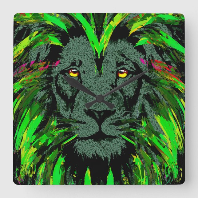 Green Lion Head - Lion Clock - Löwengesichtsportra Quadratische Wanduhr (Vorderseite)